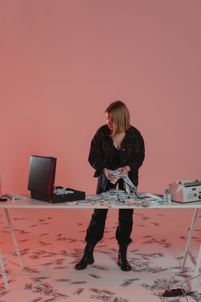 Services A woman standing at a desk counting cash with a briefcase and money counter in a red-lit room.